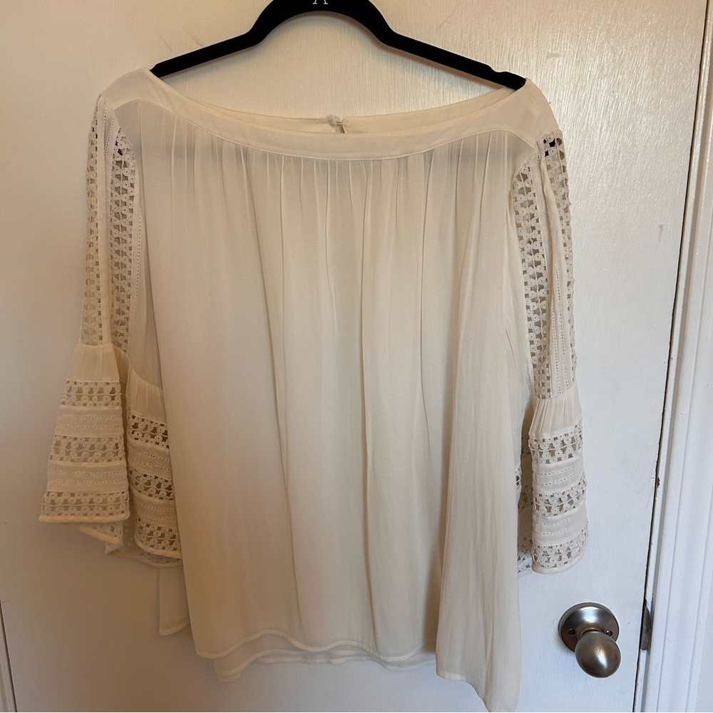 LOFT Cream Off-Shoulder Blouse with Crochet Bell Sleeves